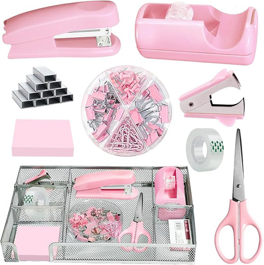 Pink Office Desk Accessories, Desk Drawer Organizer, Stapler and Tape Dispenser by Unknown