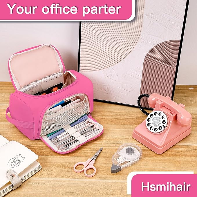 Hsmihair Large Pencil Pouch,Pencil Case Aesthetic,Zipper Pencil Box for Girls Back to School Supplies Emergency Bag Makeup Bag (Deep Pink)-DeskLoop Office