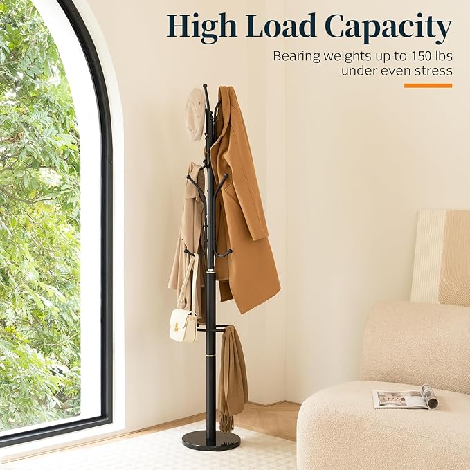 Yoobure Metal Coat Rack Freestanding with Marble Base, Coat Tree with 12 Hooks & Umbrella Holder, Coat Hanger Stand for Corner Entryway Bedroom Office, Heavy Duty Coat Rack Stand for Clothes Hats Bags-DeskLoop Office