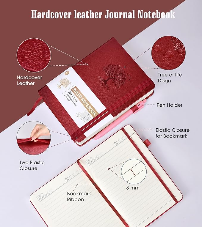 Lined Journal Notebook -365 Pages A5 Thick Journals for Writing Ruled Notebook, Hardcover Leather Journal for Women Men, Daily Notebook for Work, Note Taking, 100Gsm Lined Paper(5.7'' X 8.3'' Wine)-DeskLoop Office