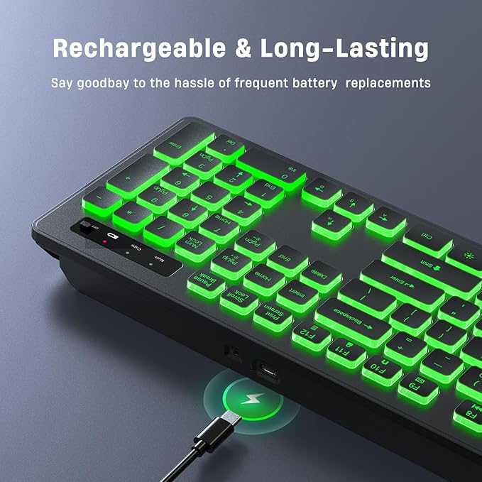 Backlit Wireless Keyboard, 2.4G Silent Wireless Light Up Keyboard, Full Size Computer Keyboards with 7 Colored Backlits, Rechargeable Keyboards for Windows, PC, Laptop (Black, Normative)-DeskLoop Office