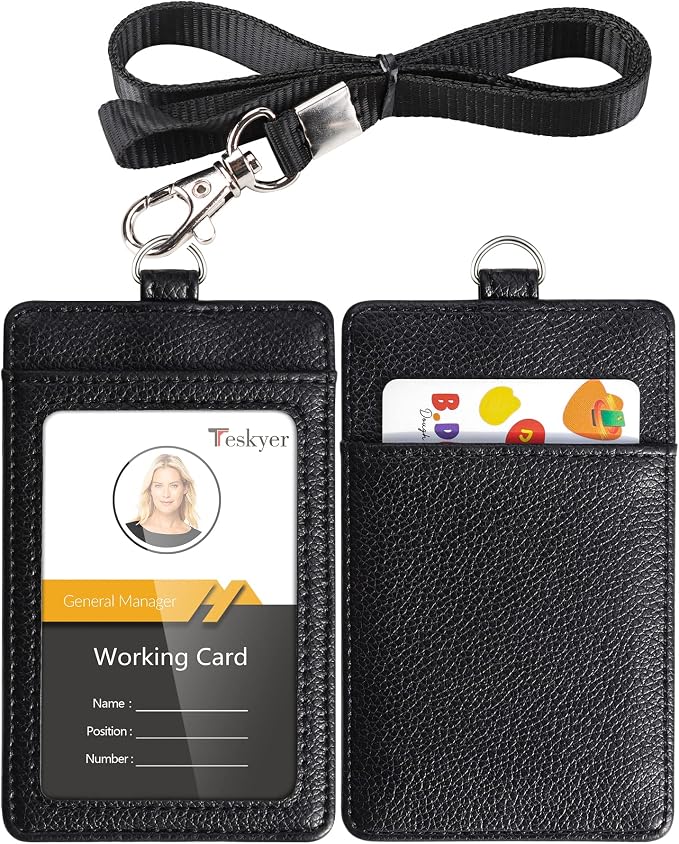 Teskyer Badge Holder with Lanyard, Leather ID Name Badge Card Holder with by TESKYER