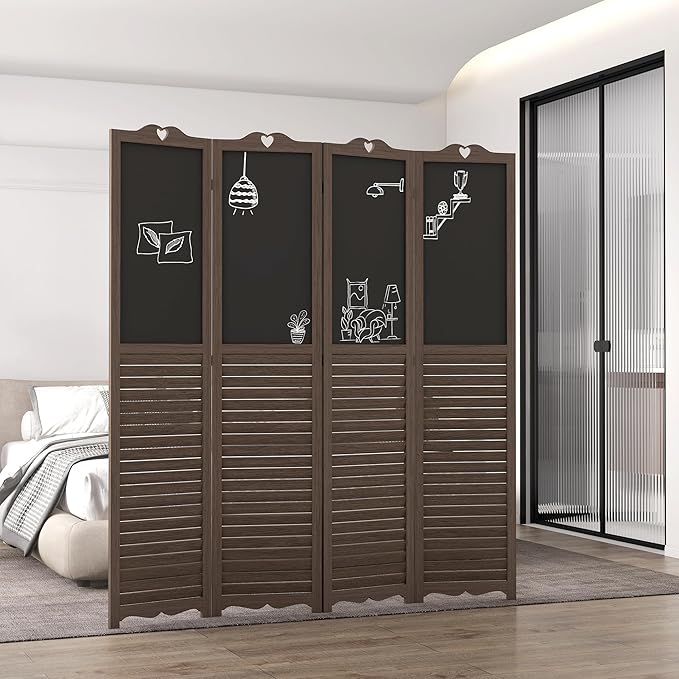 NicBex Room Divider 4 Panel Room Dividers with Black Boards Partition Room Dividers and Folding Privacy Screens 5.5 FT Wall Divider for Home, Office, Room Separation,63.75"W x 0.75"D x 67.75"H,Brown-DeskLoop Office