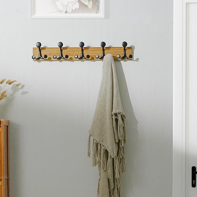 SKOLOO 24-Inch Light Brown Wood Coat Rack Wall Mount with 5 Triple Hooks - Ideal for Family Entrances, Classrooms, and Pet Supplies Storage - Perfect Coat Hooks for Wall-DeskLoop Office