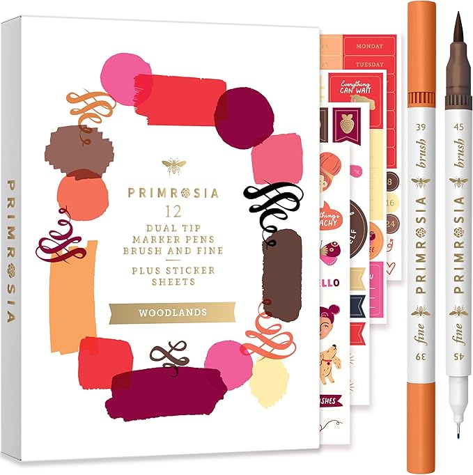 Primrosia 12 Dual Tip Watercolor Marker Pens - Fine Tip & Brush Tips, Professional Quality, 4 x Sticker Sheets, Blendable, Non-Toxic, Perfect for Calligraphy, Drawing & Coloring. (Woodlands)-DeskLoop Office