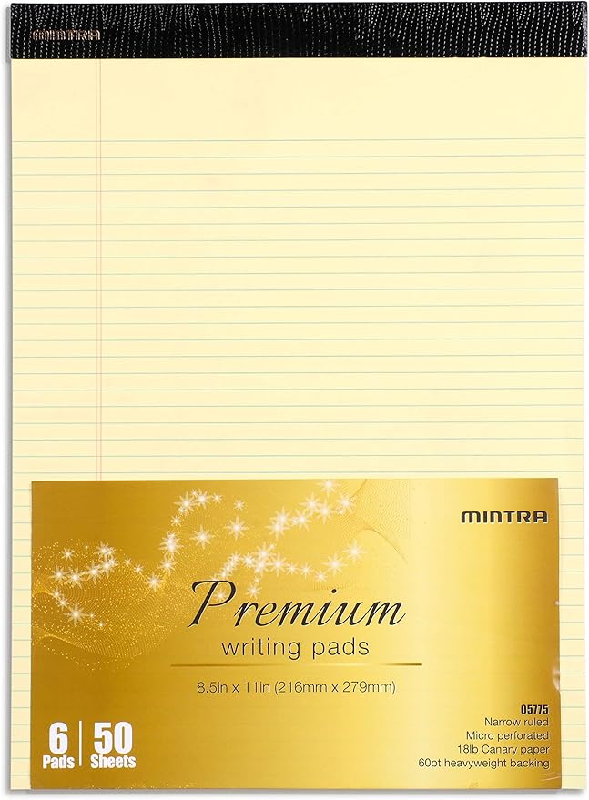 Mintra Office Legal Pads, ((xPremium, 8.5in x 11in, Narrow (Canary), 36pk (6-6pks)), Narrow Ruled, 50 Sheets per Notepad, Micro perforated Writing Pad, Notebook Paper for School, College, Office, Work-DeskLoop Office