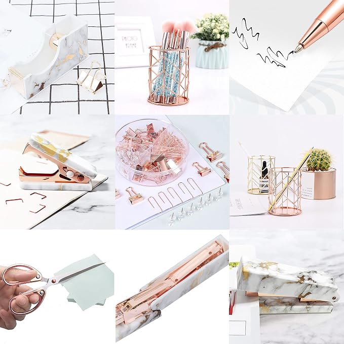 Rose Gold Marble Desk Accessories, Office Supplies Set Stapler Staple Remover - Image 5