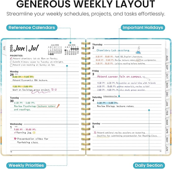 Planner 2026–2027, Academic Monthly Weekly Spiral Calendar, July 2026 – June - Image 3