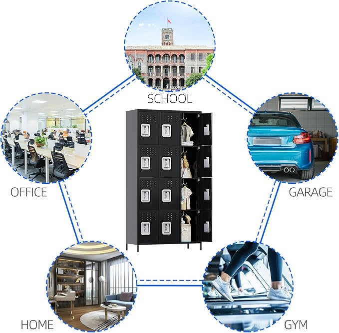 12 Doors Metal Lockers for Employees with Lock, Metal Locker with 12 Hooks for School Garage Office Gym Home,Assembly Required,Black-DeskLoop Office