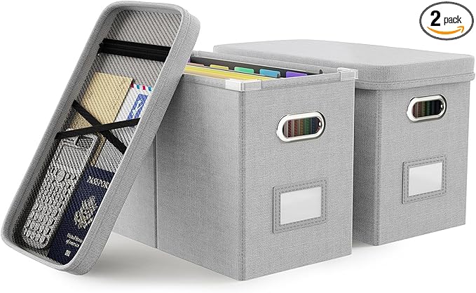 Oterri File Organizer Box with Lid, Hanging Filing File Box with Mesh Pocket, Document Organizer Box for Letter Files, Portable Storage Box with Smooth Sliding Rail for Office&Home (2 PCS, Light grey)-DeskLoop Office