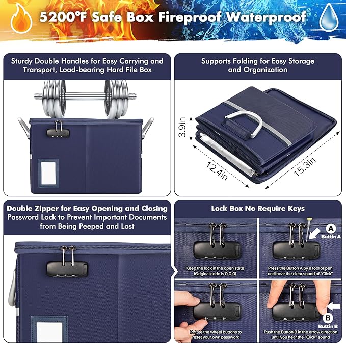 TOMKID 5200°F Fireproof Document Box, Fire Important Document Organizer with Lock, Upgraded Heat Insulated Filing Storage Cabinet Office Organization (5200°F Fireproof Box, Blue)-DeskLoop Office