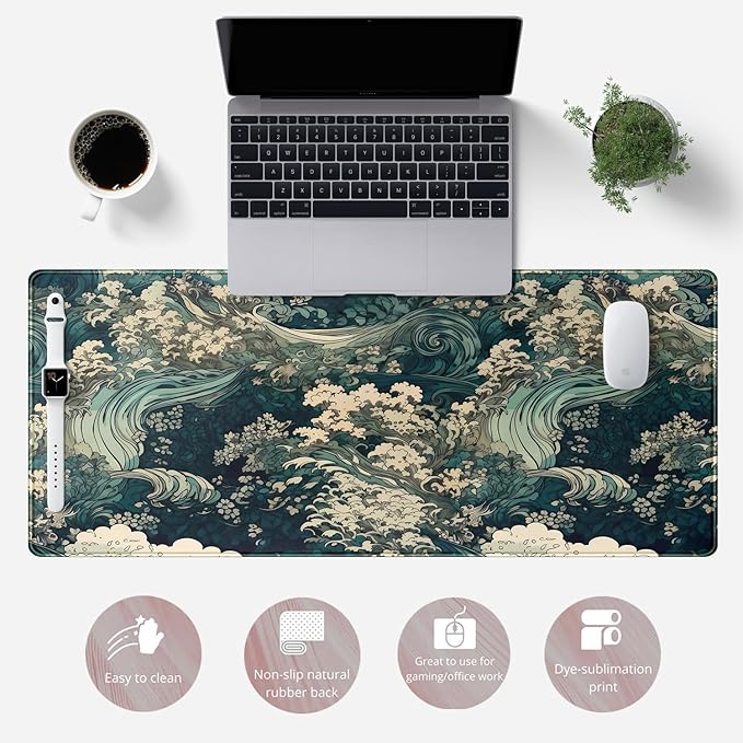 Japanese Large Mouse Pad Gaming Sea Wave Desk Pad Blue Sea Flower Art Aesthetics Desk Pad Non-Slip Rubber Base Mice Pad, 31.5 X 11.8 in for Laptop Computer Mouse Keyboard Mat of Office Desk Decor-DeskLoop Office