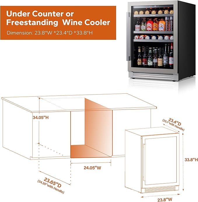 Ca'Lefort 24 Inch Beverage Refrigerator, 180 Can 34°F -54°F Beverage Fridges, Drink Fridge with Glass Door 3 LED Beverage Coolers Built in or Freestanding, Perfect for Home/Kitchen(5.65 cu.ft)-DeskLoop Office