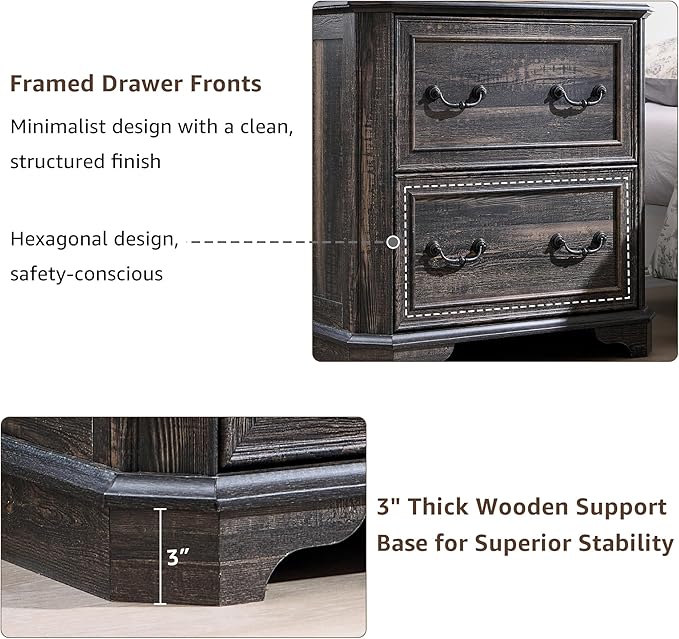 T4TREAM 2 Drawer File Cabinet-30 Wide Wooden Extended Desktop, Farmhouse Filing Cabinet with Smooth Rails, Holds Letter/Legal/A4, Hexagonal Design & Framed Drawer Fronts, Dark Rustic Oak-DeskLoop Office