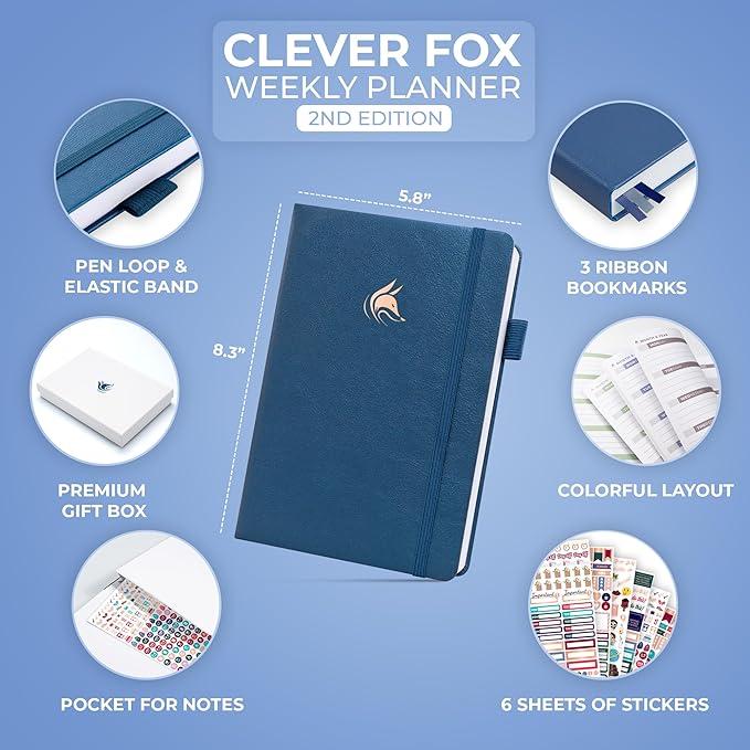 Clever Fox Planner 2nd Edition – Colorful Weekly & Monthly Goal Planner, Time Management & Productivity Organizer, Undated, A5 (Mystic Blue)-DeskLoop Office