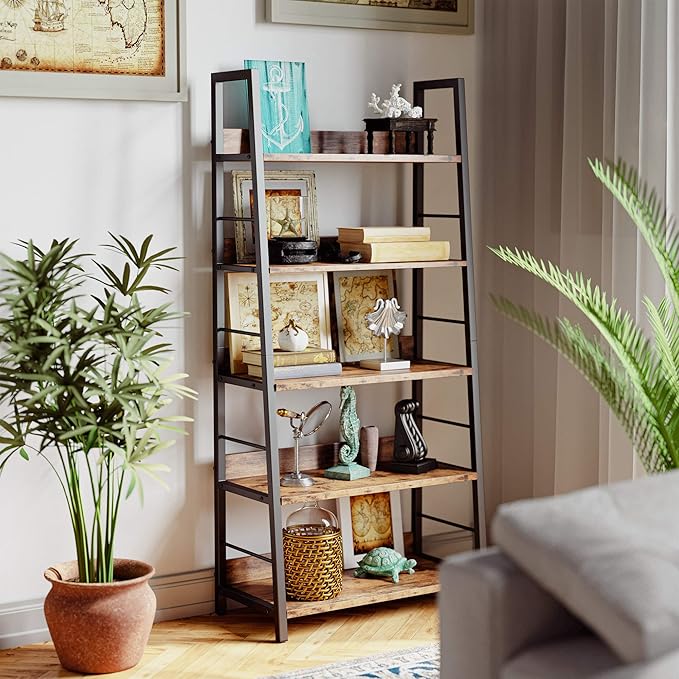 IRONCK Industrial Bookshelves and Bookcases, Ladder Shelf 5 Tiers with Metal Frame for Living Room, Home Office, Rustics Brown-DeskLoop Office