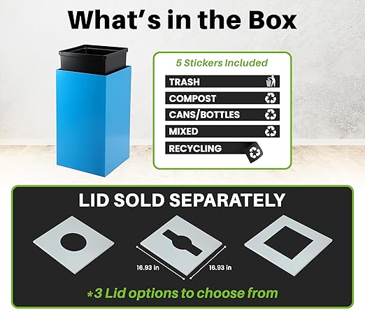 Alpine Commercial Indoor Recycle Bin with Lid - 29 Gallon Blue Recycle Bin Recycle Trash Can Office Recycling Bins, Metal Recycling Container with Stickers & 3 Optional Lids Sold Separately-DeskLoop Office