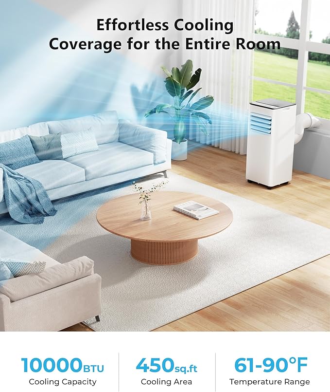 EUHOMY 10,000 BTU Portable Air Conditioners Up to 450 sq.ft, 3-1 Standing Smart Cooling AC with Remote, Dehumidifier, Fan, Air Conditioner Cools Room, 3 Modes, 24-hour timer, LED Display, Bedroom-DeskLoop Office