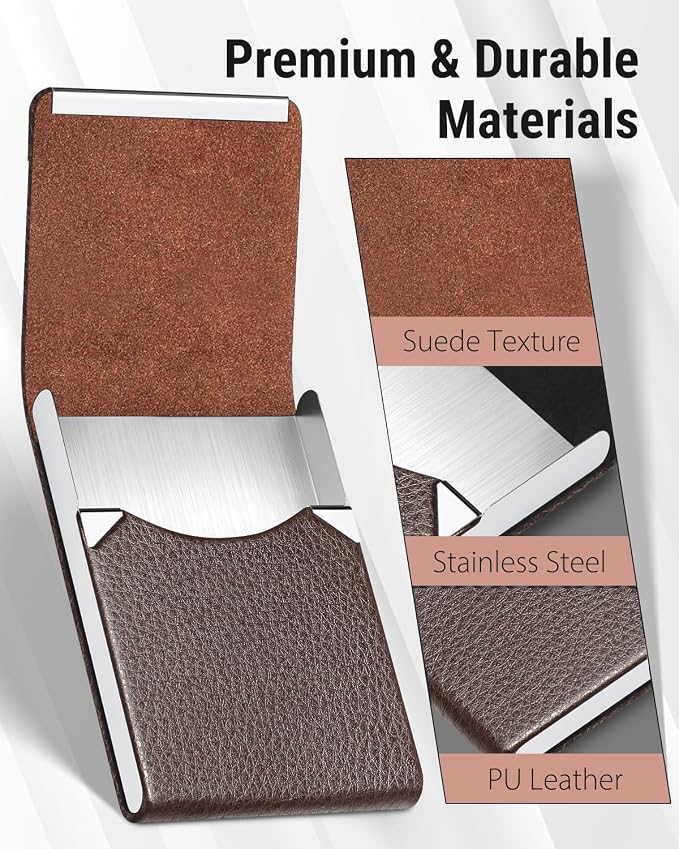 MaxGear Business Card Holder, PU Leather Business Card Case, Coffee | Stainless - Image 4