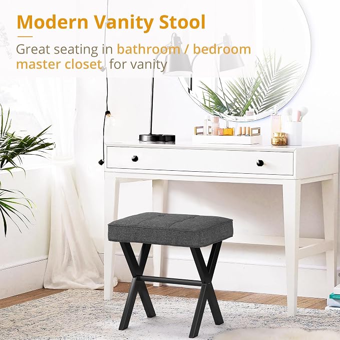 LUE BONA Vanity Stool, Square Linen Makeup Stool - Image 3