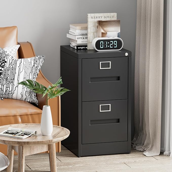 2 Drawers Mobile File Cabinet, Metal Under Desk Cabinet with Lock, for Office & Home, Legal/Letter Size, W14.57”x D17.36”x H25.79”, Assembly Required-DeskLoop Office
