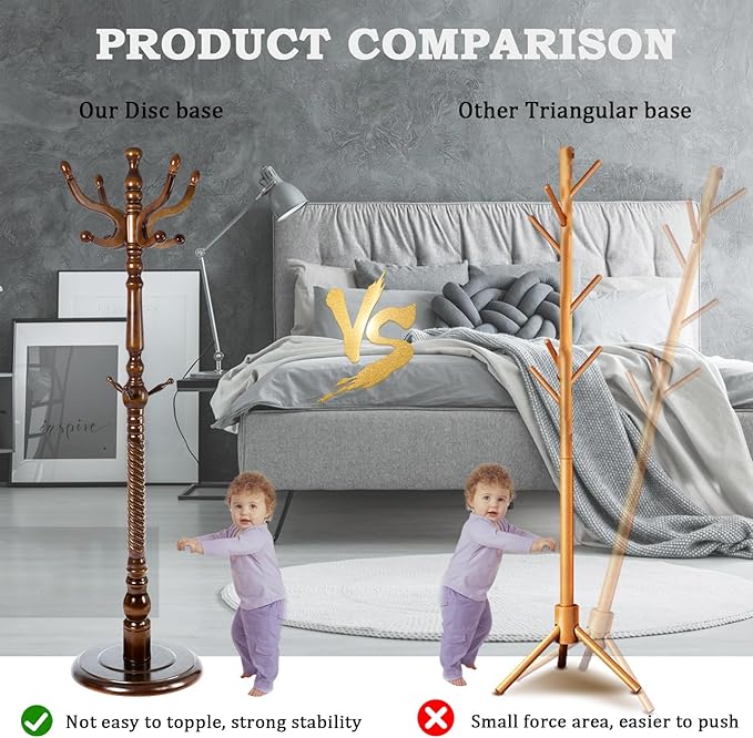 Coat Racks FreeStanding with 11 Hooks, Natural Wood Coat Rack with Solid Round Base, Adjustable Height Coat Racks, Easy Assembly for Hallway, Bedroom and Office (Walnut-Solid Round Base)-DeskLoop Office