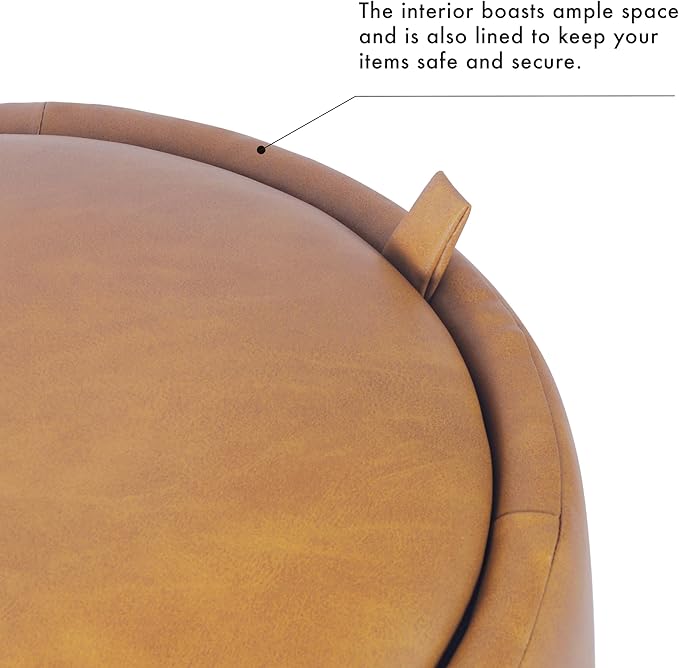 HomePop Storage Round Ottoman with Removable Lid Home Décor|Upholstered Round Velvet Foot Rest Ottoman - Carmel Faux Leather-DeskLoop Office