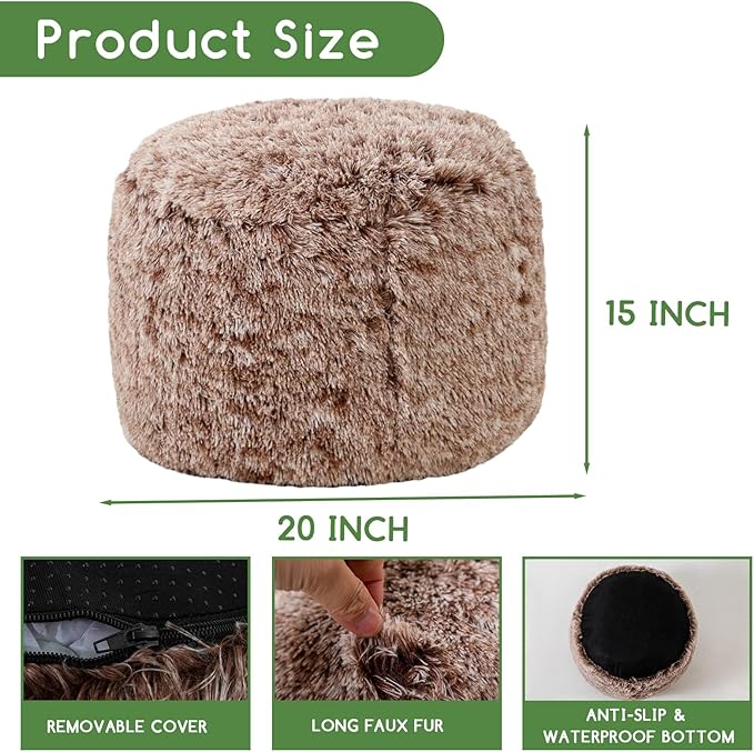 HIGOGOGO Round Stuffed Pouf Ottoman, Long Faux Fur Poufs with Foam Chunk Filling, Fluffy and Furry Pouf Foot Stool Storage Ottoman, 20 X 15 Floor Poufs Foot Rest for Living Room, Snow Coffee-DeskLoop Office