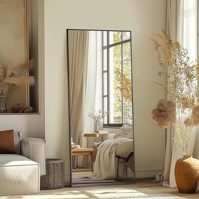 Full Length Mirror, 58"x18" Oversized Floor Mirror Freestanding, Full Body Mirror Floor Standing Mirrors with Stand, Hanging Mounted Mirrors for Bedroom Living Room, Black, Rect Style-DeskLoop Office