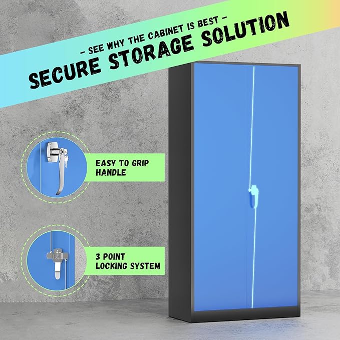 INTERGREAT Garage Storage Cabinets with Doors and Shelves,72" H Steel Locking Cabinets Storage with Lockable Door,Metal Storage Cabinet for Home Office,Warehouse,School,Black Blue-DeskLoop Office