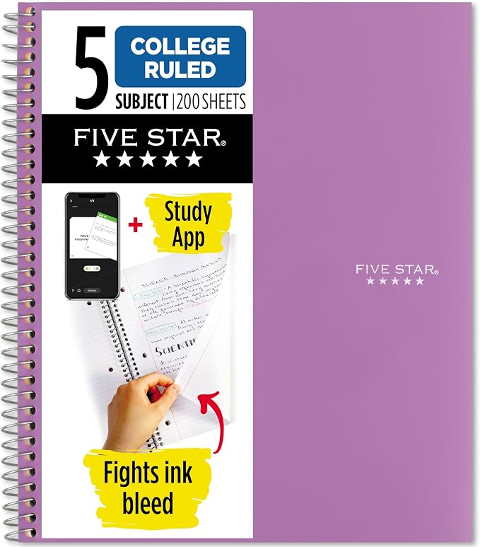 Five Star Spiral Notebook + Study App, 5 Subject, College Ruled Paper, 8-1/2" x by FiveStar