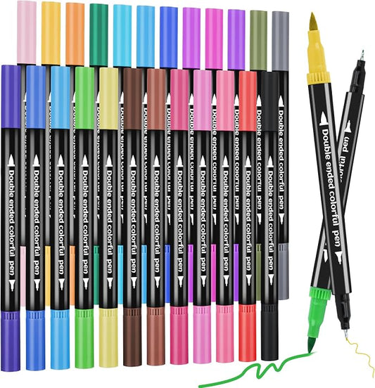 24 Colored Dual Tip Markers Fine & Brush Pens by Unknown