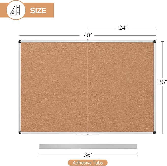 Board2by Cork Board Bulletin Board 36 x 48, Silver Aluminium Framed 4x3 Corkboard, Foldable Office Board for Wall, Large Wall Mounted Notice Pin Board with 36 Push Pins for School, Home & Office-DeskLoop Office
