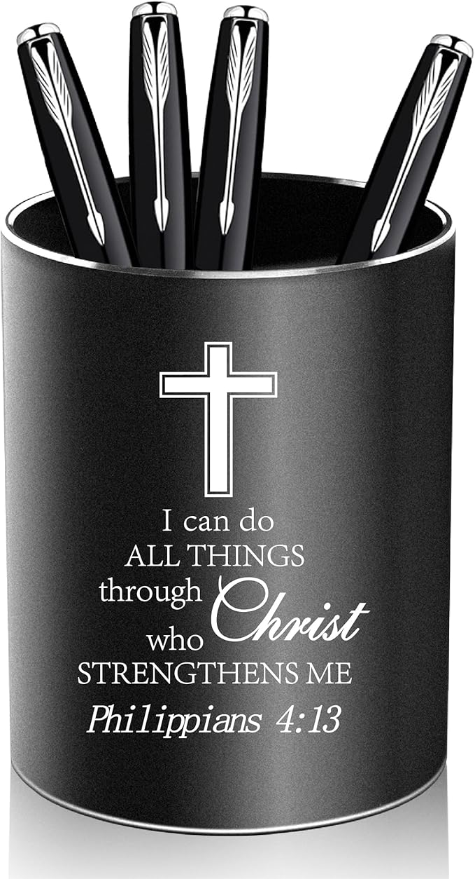 Christian Gifts,Metal Pen Holder Aluminum Pencil Holder for desk,Round Desktop Organizer and Black Pencil Cup for Office, School, Home and Stationary Supplies (Philippians 4:13)-DeskLoop Office
