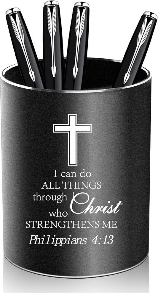 Christian Gifts,Metal Pen Holder Aluminum Pencil Holder for desk,Round Desktop Organizer and Black Pencil Cup for Office, School, Home and Stationary Supplies (Philippians 4:13)-DeskLoop Office