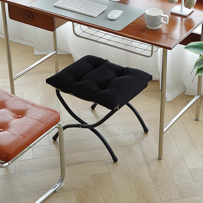 LITA Folding Upholstered Footrest Stool, Modern Small Portable Accent Ottoman with Detachable Thick Cotton Cushion Padded Sofa Stool with Metal Frame for Lazy Chair, Living Room & Bedroom, Black-DeskLoop Office