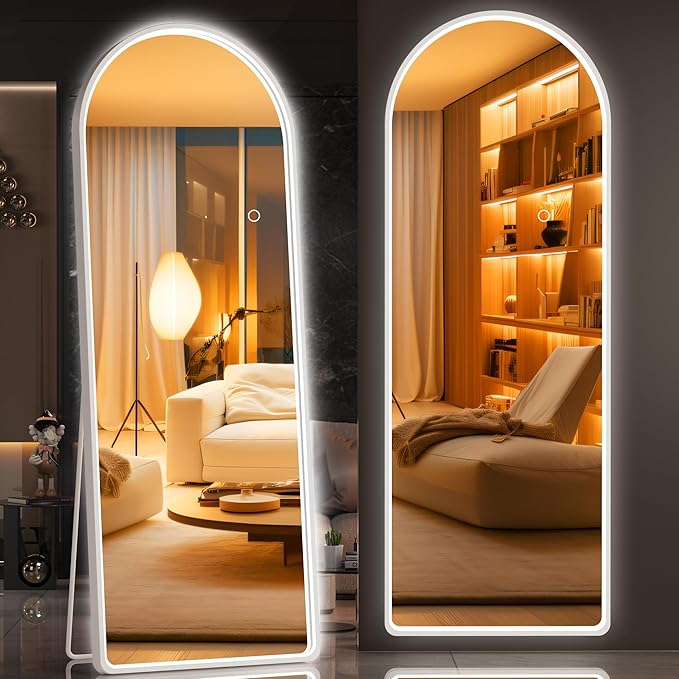 Hasipu 65" X 24" Full Length Mirror with Lights, White Frame Arch Led Mirror Full Length and 3 Colors Temperatures & Brightness Adjustable,Light Up Mirror Full Body for Bedroom Cloakroom Living Room-DeskLoop Office