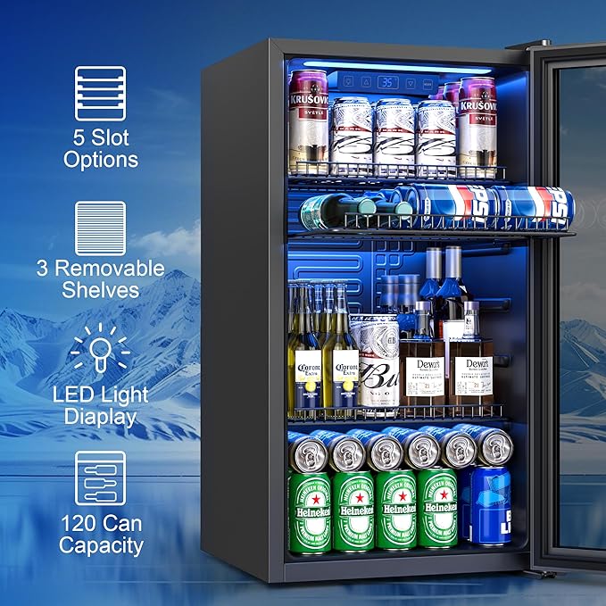 Beverage Refrigerator Cooler, 120 Can Drink Fridge with Glass Door for Soda Beer or Wine, Digital Temperature Control, Mini Fridge for Bedroom, Bar, Office (Black, 3.23 Cu.Ft)-DeskLoop Office