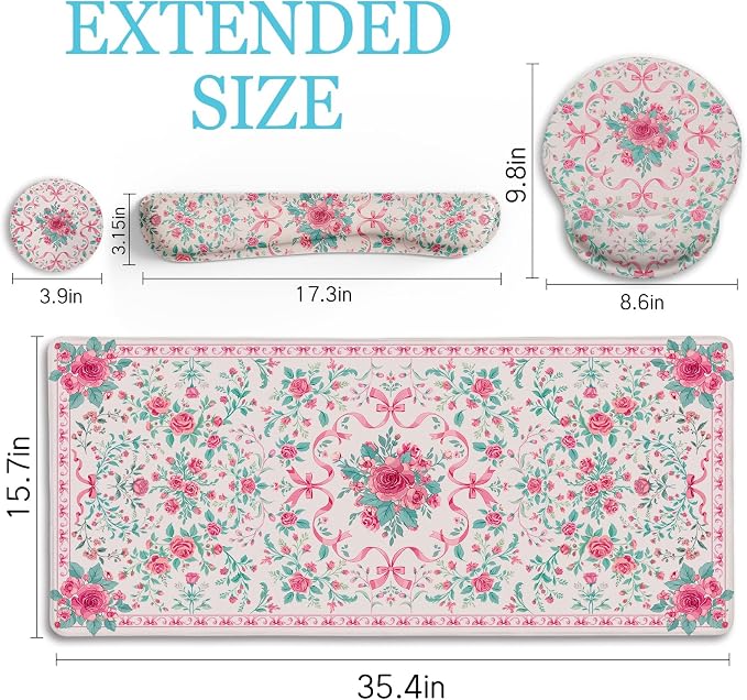 LIMKRIAN Pink Floral Desk Mat, Ergonomic Mouse Pad Set - Image 6