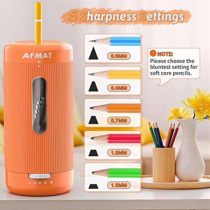 AFMAT Electric Pencil Sharpener, Auto in & Out, 5 Nibs, 7K+ Uses, Fully - Image 4