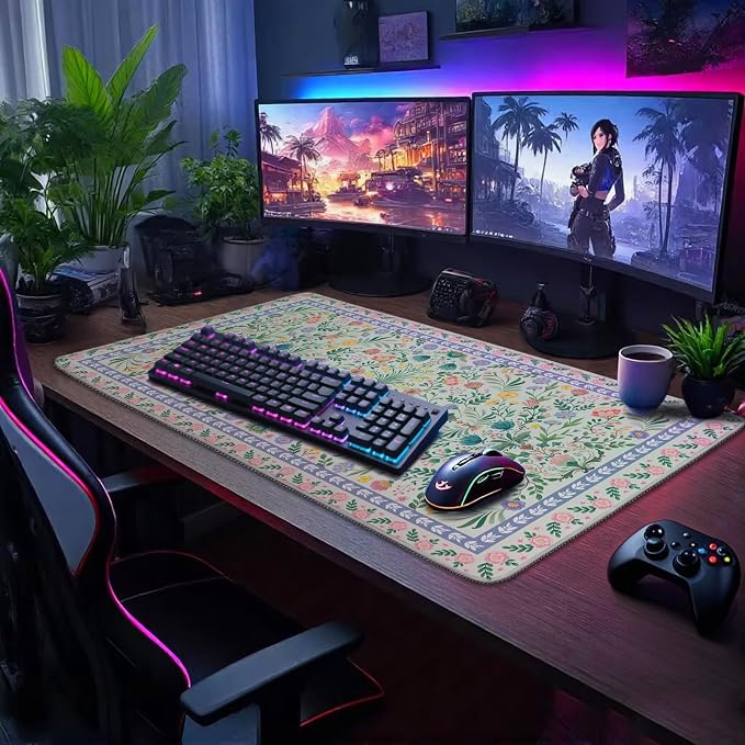 Green Floral Desk Mat, 31.5"x15.7" Large Mouse Pad, Anti-Slip Rubber Base - Image 3