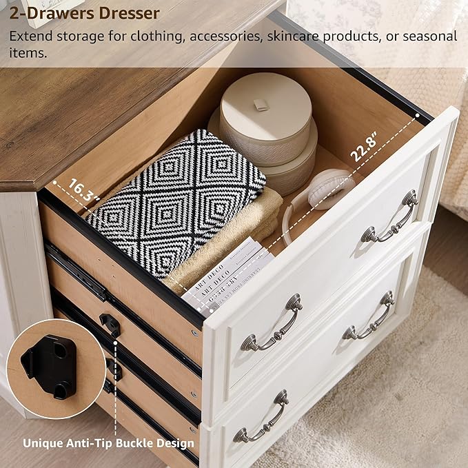 T4TREAM 2 Drawer File Cabinet-30 Wide Wooden Extended Desktop, Farmhouse Filing Cabinet with Smooth Rails, Holds Letter/Legal/A4, Hexagonal Design & Framed Drawer Fronts, Antique White-DeskLoop Office