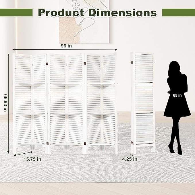 NicBex 6 Panel Room Divider,5.6FT Wood Carved Room Dividers with Display Shelves Folding Privacy Screens Portable Freestanding Partition Wall Dividers for Room Separation,Home Bedroom Office,White-DeskLoop Office