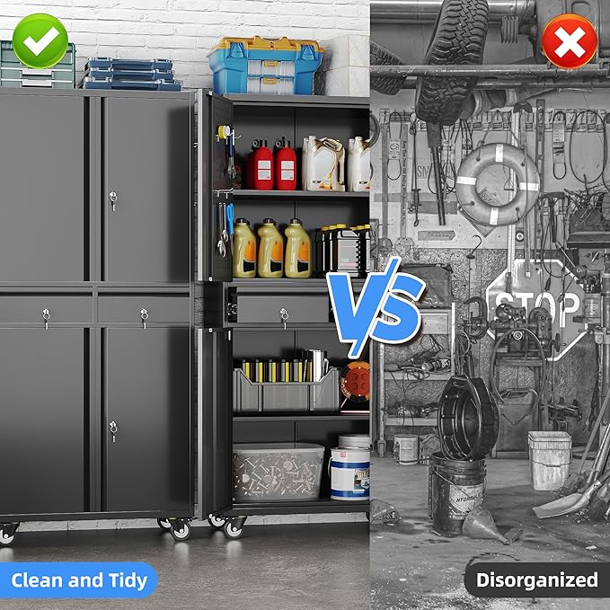 Garage Storage Cabinet with Wheels, Metal Storage Cabinet with 2 Drawers and 2 Adjustable Shelves, Metal Lockers with Pegboards for Homes, Offices, Kitchens, Schools and Pantries-DeskLoop Office