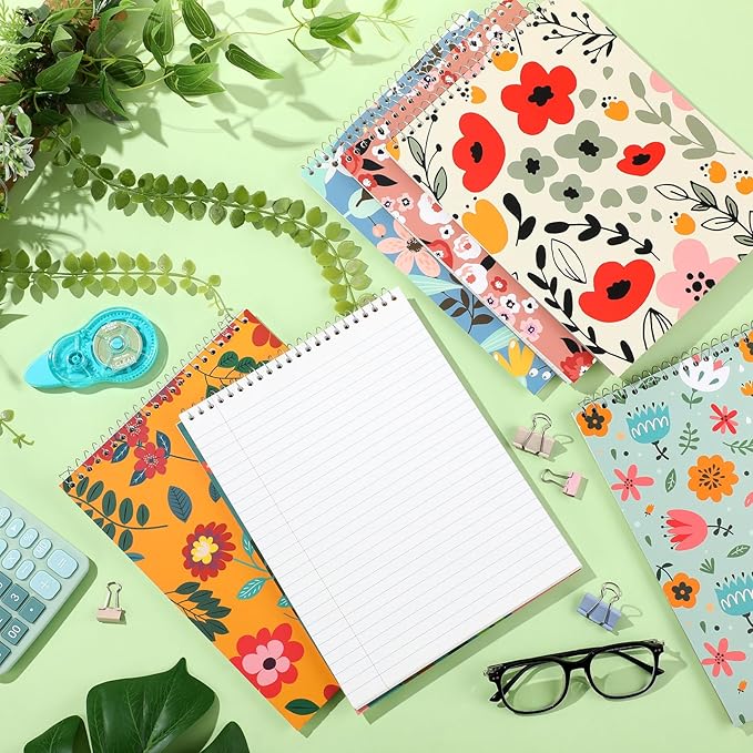 6 Pack 8.5 x 11'' Top Bound Office Steno Book Wide Ruled Double Sided Spiral Notebooks Reliable White Paper 70 Sheets/Pad Pastel Colors Covers for Writing School Notes (Floral Color)-DeskLoop Office