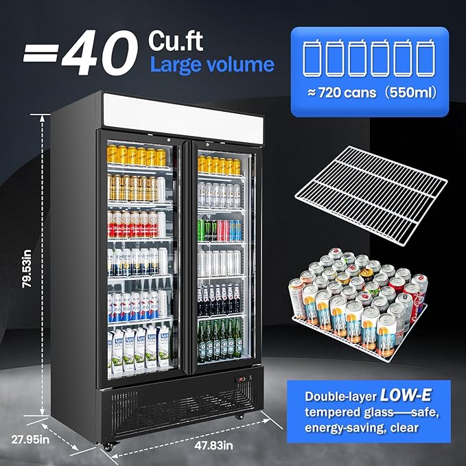Commercial Merchandiser Display Refrigerator 40 Cu.ft. with 2 Glass Doors ETL Drink Cooler Beverage Fridge for Bars,Restaurants, Convenience Stores, Supermarkets and Offices-DeskLoop Office