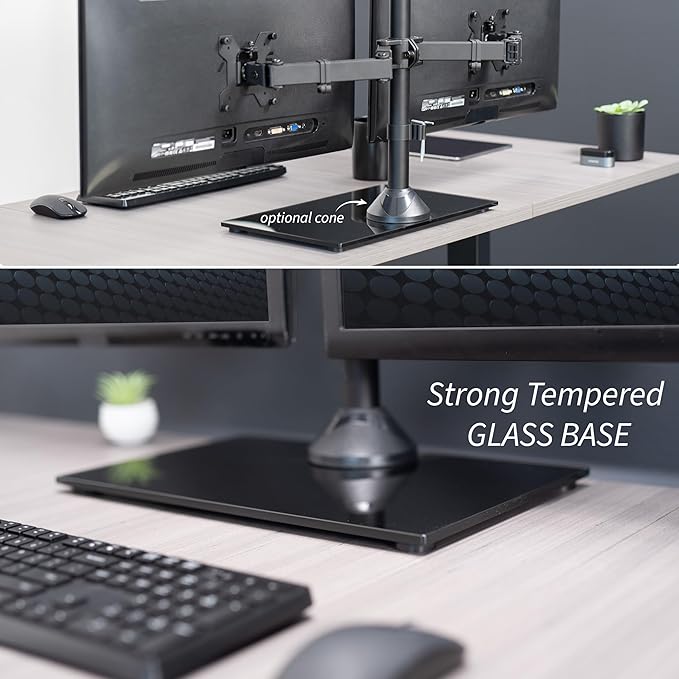 VIVO Freestanding Dual Monitor Stand with Sleek Glass Base and Adjustable Arms, Mounts 2 Screens up to 32 inch and 22 lbs Each, Black, STAND-V002FG-DeskLoop Office