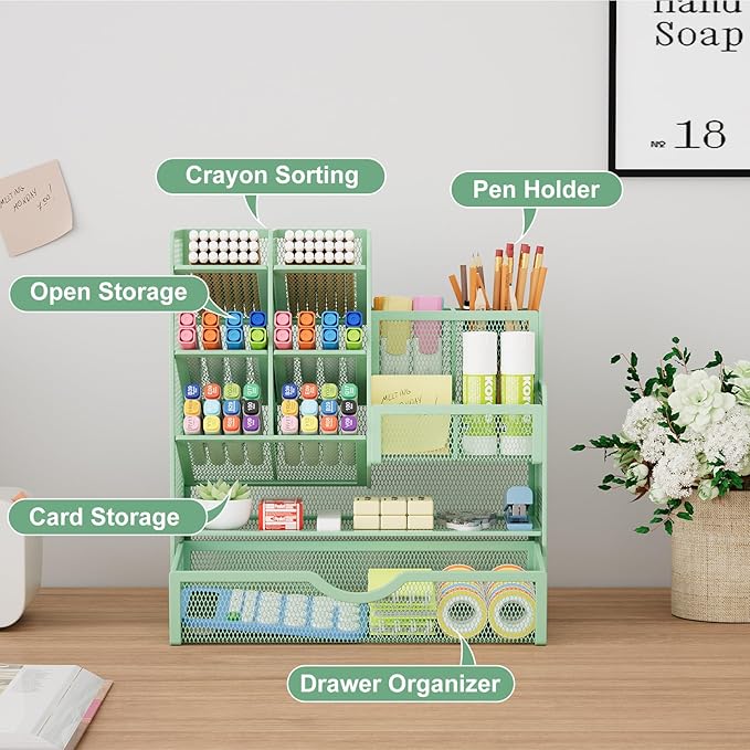 Marbrasse Mesh Pen Holder for Desk, Multi-Functional Pencil Organizer with Drawer, Desk Organizers and Accessories for Office Art Supplies (Green)-DeskLoop Office