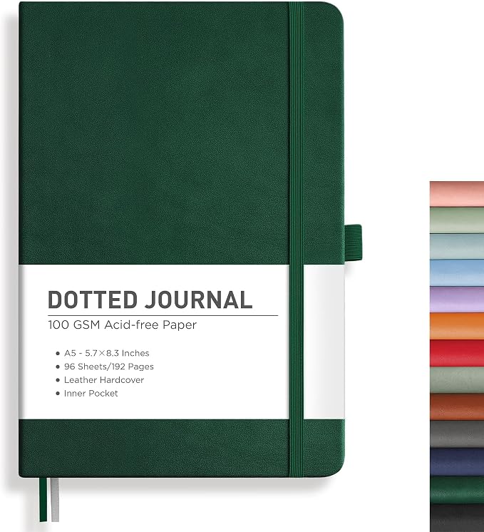 RETTACY Dotted Journal Notebook, 192 Pages, A5 Medium Size, Leather Hardcover by RETTACY
