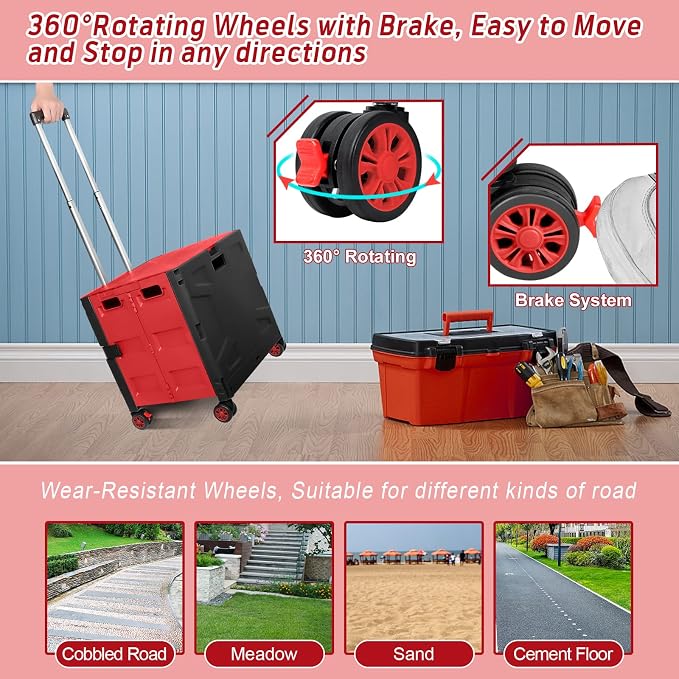 FELICON Folding Utility Cart Rolling Crate Handcart Basket Tote-Red+Black | - Image 5